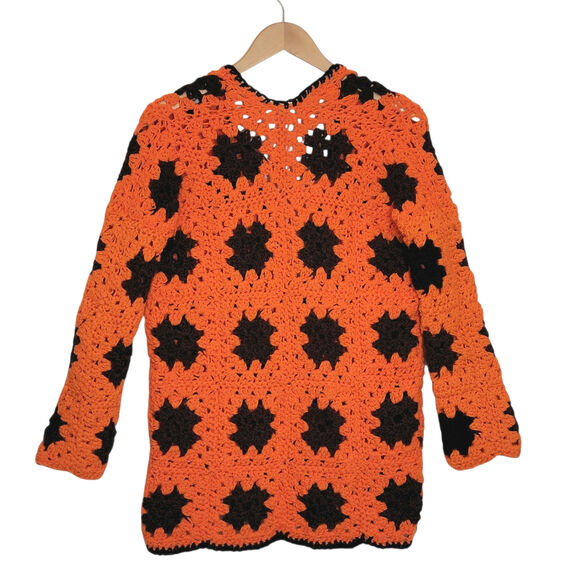Crochet Flower Cardigan Retro Y2K Boho Sweater Orange Brown 70s Medium Large - Picture 7 of 12